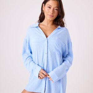 Solid Crinkle Long Sleeve Cover Up Camp Shirt