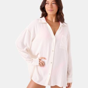 Solid Crinkle Long Sleeve Cover Up Camp Shirt