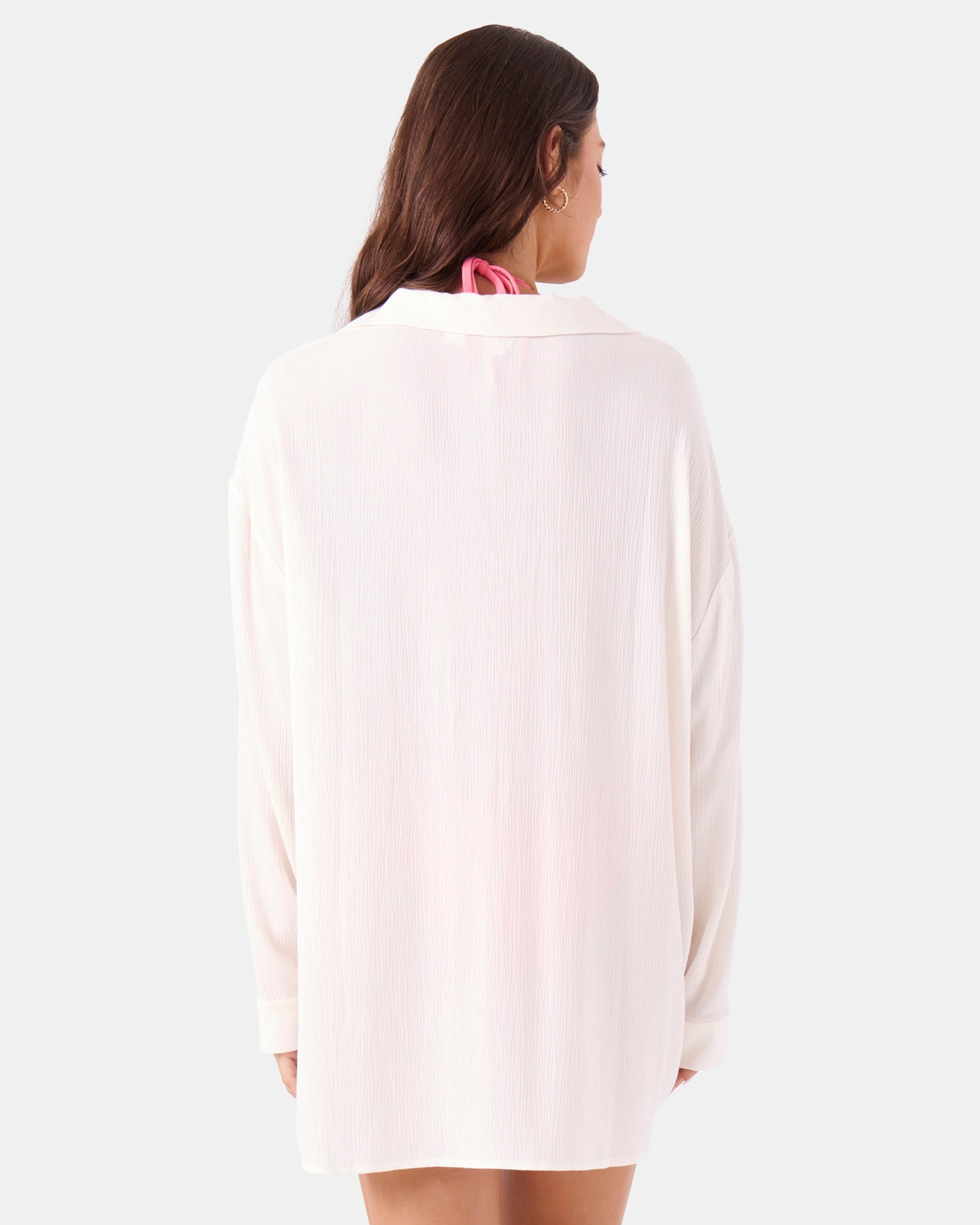 Solid Crinkle Long Sleeve Cover Up Camp Shirt - Image 2