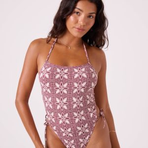 Batik Bloom Tie Front One Piece Swimsuit